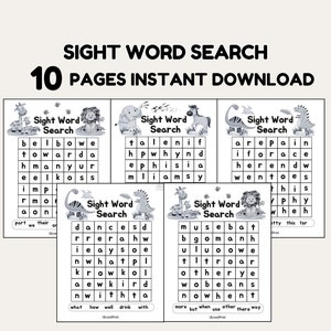 10 Sight Word Search Worksheets Printable Kindergarten Activities  Instant Download