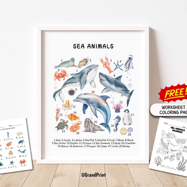 Sea Animals Educational Posters Montessori Nursery Homeschool Printable Kids Downloadable Prints Learning Decor