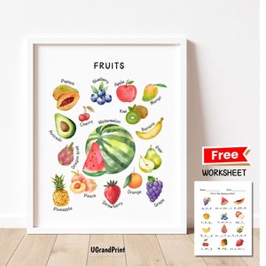 Obst Lernposter Montessori Kindergarten Lernposter Aquarell Homeschool Spielzimmer Dekor Herunterladbare Drucke