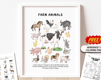 Farm Animals Educational Posters Montessori Nursery Homeschool Printable Kids Downloadable Prints Preschool Children Learning Decor