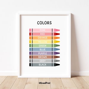 Pôster de cores para decoração de sala de aula, pôster educacional, impressão educacional de cores, pôster digital para berçário Montessori