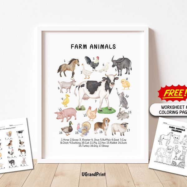 Farm Animals Educational Posters Montessori Nursery Homeschool Printable Kids Downloadable Prints Preschool Children Learning Decor