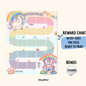 以下が含まれることがあります： ユニコーンと虹のある城が描かれた、印刷可能な報酬チャート。チャートには、色を塗るための正方形のあるパスがあります。チャートの上部には「You Can Do It！」というテキストがあります。チャートの右下には青いボックスに「Reward Chart」というテキストがあります。「Reward Chart」の下には「In 20+ Sizes」というテキストがあります。「In 20+ Sizes」の下には「PNG Files」というテキストがあります。「PNG Files」の下には「Ready To Print」というテキストがあります。チャートの右下には灰色の円の中に「Bonus」というテキストがあります。「Bonus」の下には「Stickers」というテキストがあります。