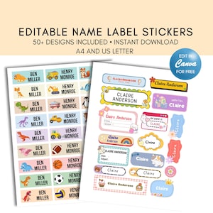 Puede incluir: Un conjunto de pegatinas de nombre imprimibles para útiles escolares. Las pegatinas presentan una variedad de diseños coloridos, que incluyen dinosaurios, camiones, pingüinos y pelotas de deporte. Las pegatinas son editables y se pueden personalizar con nombres y otra información. El texto en las pegatinas dice "Claire Anderson", "Ben Miller" y "Henry Monroe".