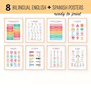 8 Bilingual Spanish Educational Poster for Kids Spanish English Educational Printable Learning Sources for Young Learner Classroom Decor
