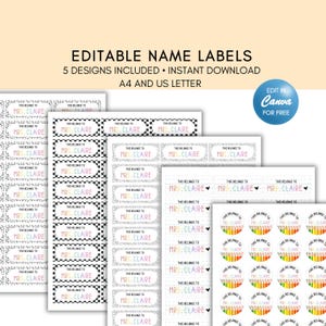 Puede incluir: Etiquetas de nombre imprimibles con 5 diseños diferentes. Las etiquetas presentan una variedad de patrones, incluyendo a cuadros, notas musicales y un arcoíris de colores. El texto en las etiquetas dice "Esto pertenece a la Sra. Claire".