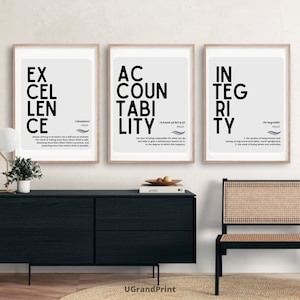 May include: Three framed prints with white backgrounds and black text. The prints feature the words "Excellence", "Accountability", and "Integrity" with their definitions below. The prints are hanging on a wall above a black dresser and a wicker chair.
