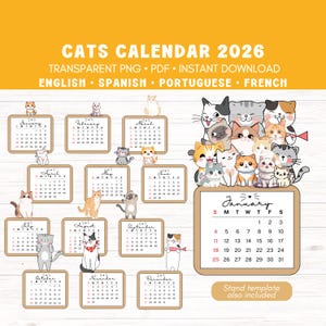 Pode incluir: Um calendário de gatos de 2026 com cada mês exibido em um pequeno quadro-negro, apresentando adoráveis ilustrações de gatos de desenho animado. O calendário inclui o texto "CATS CALENDAR 2026" e "PNG TRANSPARENTE • PDF • DOWNLOAD INSTANTÂNEO".