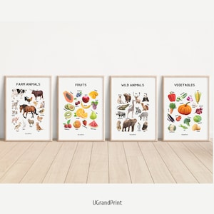 Set of 4 Educational Farm Wild Animals Posters Vegetables Fruits Montessori Preschool Wall Art Classroom Decor Digital Download
