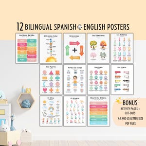12 Bilingual Spanish Educational Poster for Kids Spanish English Educational Printable Learning Sources for Young Learner Classroom Decor