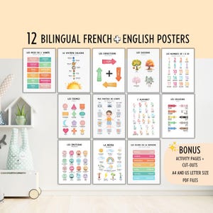 12 carteles educativos bilingües en francés para niños, fuentes de aprendizaje imprimibles educativas en francés e inglés para la decoración del aula de los estudiantes jóvenes