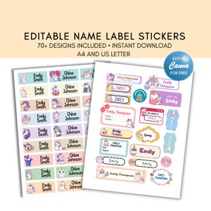 Puede incluir: Pegatinas de nombre de etiqueta de unicornio imprimibles para útiles escolares. Las pegatinas presentan una variedad de diseños con unicornios, arcoíris y estrellas. El texto en las pegatinas dice "Emily Smith", "Chloe Johnson" y "Emily Thompson".