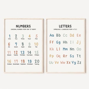 Ensemble de 2 affiches de l'alphabet arc-en-ciel, tableau d'écriture manuscrite, art mural éducatif, décoration d'école à la maison imprimable, affiche ABC, tableau des nombres 123