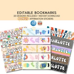 Puede incluir: Marcadores de libros editables con 20 diseños diferentes que presentan patrones coloridos y afirmaciones. Los marcadores están personalizados con nombres como Charlotte, Alexander, Madison, William e Isabel. El texto en los marcadores incluye frases como "Soy valiente", "Siempre doy lo mejor de mí", "Soy amable", "Soy libre de ser yo mismo", "Estoy orgulloso de ser yo", y "Estoy listo para aprender".
