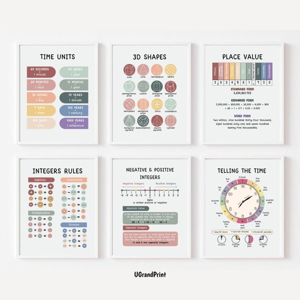 Math Set of 6 Posters Boho Math Classroom Maths Learning Telling The Time 3D Shapes Educational Wall Art Digital Download
