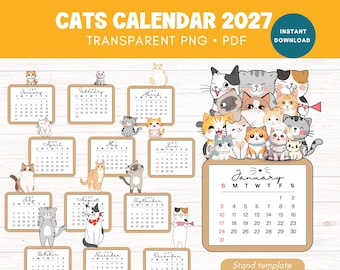 May include: A 2027 digital calendar template featuring twelve monthly pages with illustrations of various cats. The design includes a large January calendar page topped with a cluster of cartoon cats and individual monthly grids with cat graphics.