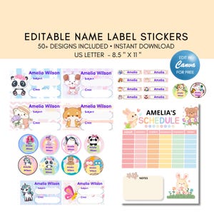 Op de afbeelding: Printbare naamstickers met schattige dierillustraties. De stickers zijn ontworpen voor schoolbenodigdheden en bevatten een schema-sjabloon. De stickers zijn 8,5 inch bij 11 inch en kunnen worden bewerkt in Canva.