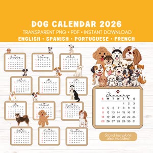 Pode incluir: Calendário de cães para 2026 com uma variedade de raças caninas. Cada mês é exibido em um quadro separado. O calendário inclui o texto "DOG CALENDAR 2026" e "Stand template also included". Disponível em inglês, espanhol, português e francês.