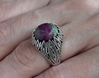 Handmade Silver Ruby Zoisite Filigree Ring Women, 925K Anyolite Unique Cocktail Ring, Vintage Shiny Floral Ring, Girlfriend Gift Ring