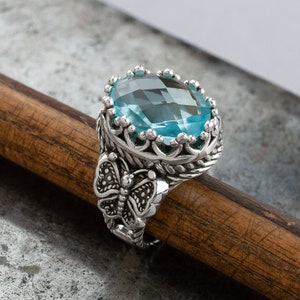 Silver Blue Topaz Butterfly Filigree Women Ring, 925 Sterling Silver Vintage Handmade Insect Moth Oval Statement Ring, Blue Stone Ring