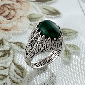 Handgemachte Silber Malachit Filigree Einzigartige Ring Frauen, 925 Sterling Spitze Cocktail Ring, Vintage Floral Ring, Lilie Blume Ring, Geschenk für Frauen