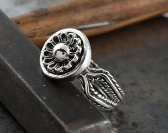 Handmade Silver Daisy Floral Boho Women Ring, 925K Sterling Silver Unique Filigree Cocktail Ring, Vintage Shiny Flower Ring, Valentines Day