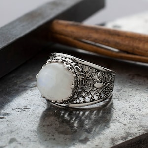 Handmade Moonstone Silver Greek Key Ring, 925K White Stone Unique Vintage Filigree Cocktail Ring, Birthday Gift Women Shiny Floral Ring