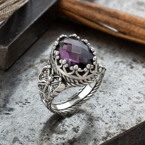 Silver Amethyst Butterfly Filigree Women Ring, 925 Sterling Silver Vintage Handmade Insect Moth Women Oval Statement Ring, Purple Stone Ring