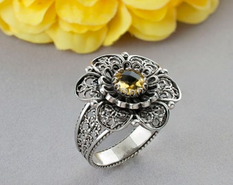 Handmade Silver Citrine Lotus Flower Women Ring, 925 Sterling Vintage Filigree Floral Statement Ring, Boho Daisy Flower Yellow Gemstone Ring