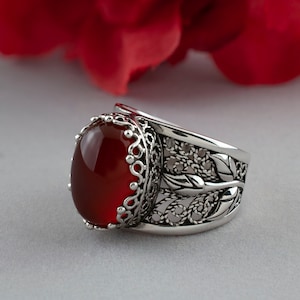 Handmade Silver Carnelian Goth Women Ring Filigree, 925 Sterling Statement Ring, Vintage Filigree Floral Ring, Flower Ring, Red Stone Ring