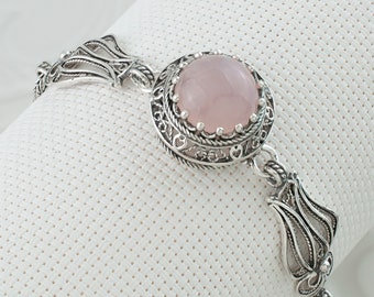 Handmade Silver Filigree Art Women Link Bracelet, 925 Sterling Silver Rose Quartz Gemstone Tulip Design Women Bracelet