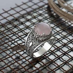Handmade Rose Quartz Silver Greek Key Ring, 925K Pink Stone Unique Vintage Filigree Cocktail Ring, Bridesmaid Gift Women Shiny Floral Ring