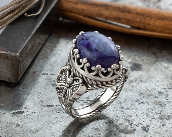 Silber Charoite Schmetterling Herz detailliertes Ring, 925 Sterling Vintage Handgemachte filigrane Insekt Frauen-Erklärungsring, zierlicher Monarch Ring