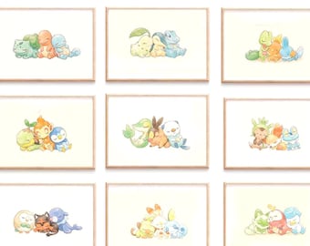 9 Baby Nursery Starter Pokémon Wall Art Set • Watercolor Starter Printable • Kids Decor • Boys & Girls Nursery Prints • Digital Download