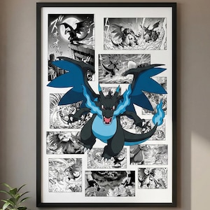 Könnte beinhalten: Gerahmtes Kunstwerk mit einem schwarzen und blauen Drachen mit blauen Flammen, vor einem schwarz-weißen Comic-Hintergrund. Der Drache hat große blaue Flügel und einen wilden Ausdruck. Das Kunstwerk wird in einem Raum mit einem Holztisch und einer Pflanze ausgestellt.