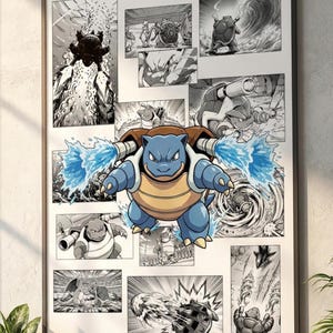 May include: A framed print featuring a blue and tan Pokémon character with water blasts, set against a backdrop of black and white comic panels. The artwork is displayed on a wall above a wooden console with plants.