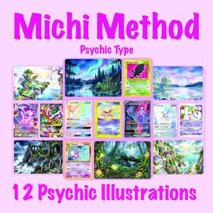 May include: A collection of 12 Psychic Type illustrations titled Michi Method, featuring a grid of colourful fantasy landscapes and trading card game character art in shades of purple, pink, green, and blue on a light pink background.