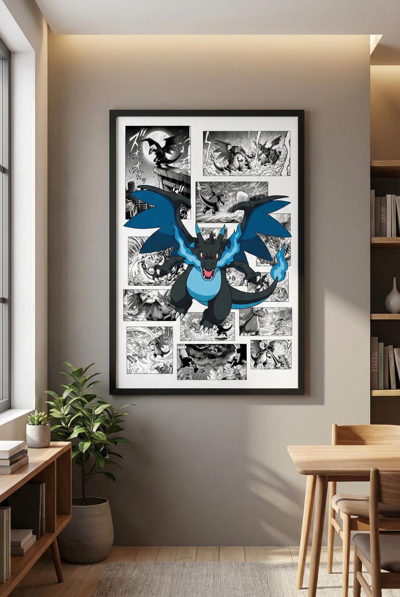 May include: Framed artwork featuring a black and blue dragon with blue flames, set against a black and white comic strip background. The dragon has large blue wings and a fierce expression. The artwork is displayed in a room with a wooden table and a plant.