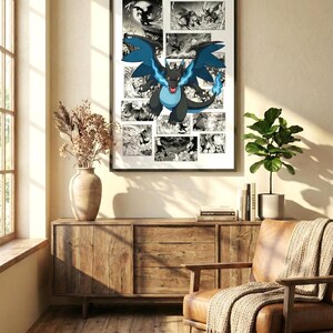 May include: A framed poster featuring a black and blue dragon character with blue flames, set against a backdrop of black and white comic book panels. The artwork is displayed on a wall above a wooden cabinet, with a plant and chair in the room.