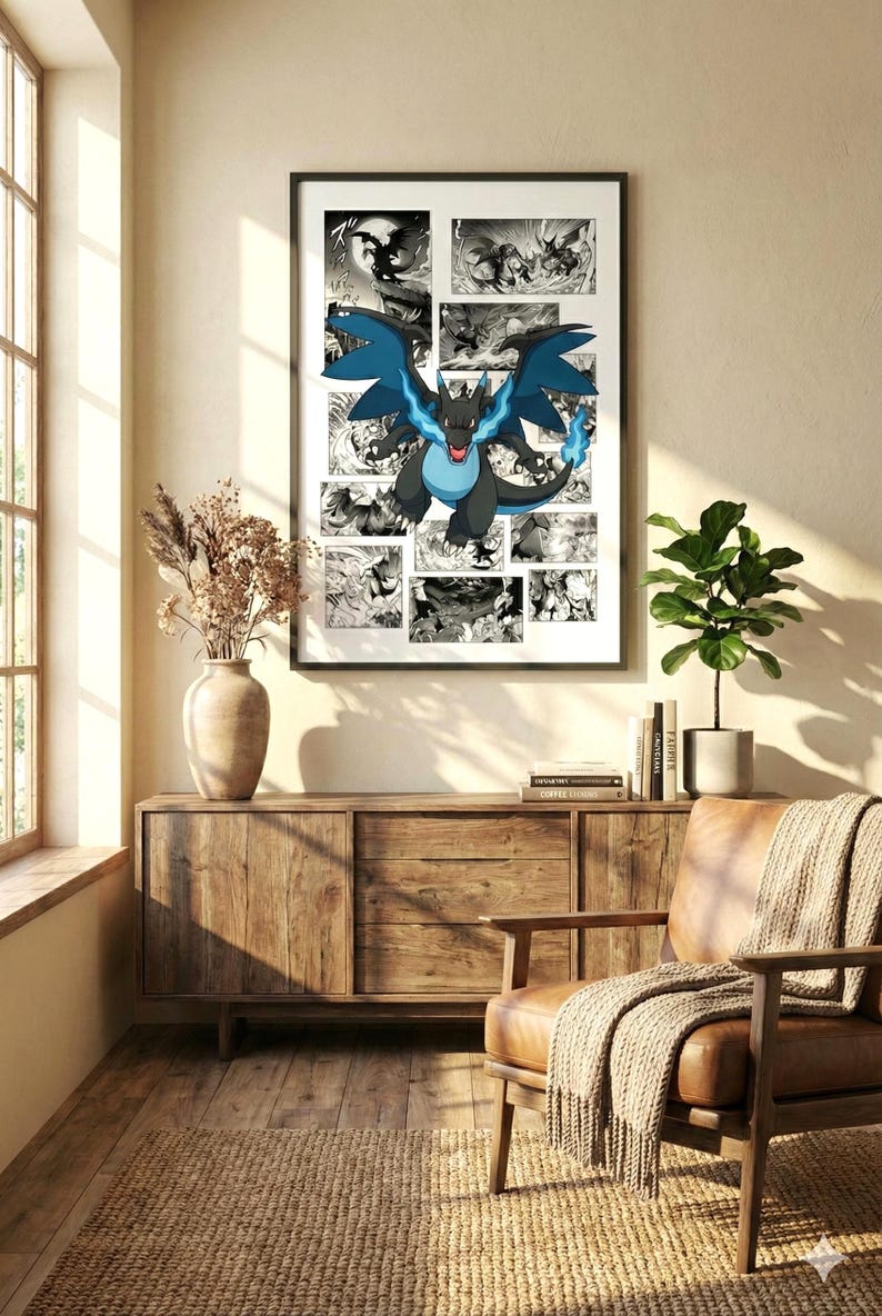 May include: A framed poster featuring a black and blue dragon character with blue flames, set against a backdrop of black and white comic book panels. The artwork is displayed on a wall above a wooden cabinet, with a plant and chair in the room.