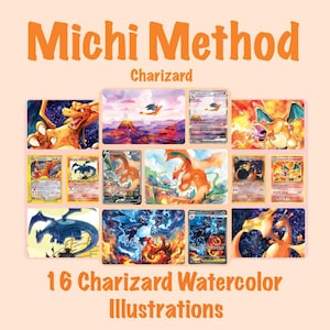 May include: A collection of 16 Charizard watercolor illustrations titled Michi Method Charizard. The image displays various artistic depictions of the orange dragon-like creature in different poses, settings, and styles, including several trading card designs.