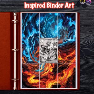 Könnte beinhalten: Ein Ordner mit dunkelrotem Einband und einer Seite mit neun Fächern, die von Charizard X inspirierte Kunst zeigt. Das Bild zeigt blaue und orangefarbene Flammen in acht Fächern, während in der Mitte eine schwarz-weiße Sammelkarte steckt.