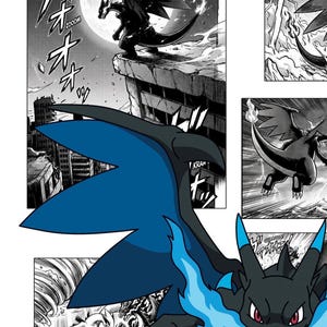 May include: Black and blue illustration of a dragon-like creature with flames, set against a cityscape. The artwork is in a manga style, with dynamic action lines and sound effects like "KRAM" and "ZOOM".