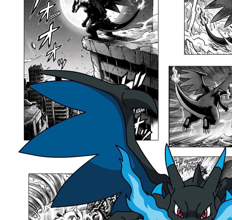 May include: Black and blue illustration of a dragon-like creature with flames, set against a cityscape. The artwork is in a manga style, with dynamic action lines and sound effects like "KRAM" and "ZOOM".