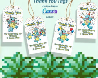 Printable Pokemon Squirtle Favor Tags - Cute Thank you Tags - Pokemon Gift Tag- Size 2x3.5 Inches - Canva Template - Instant Download -