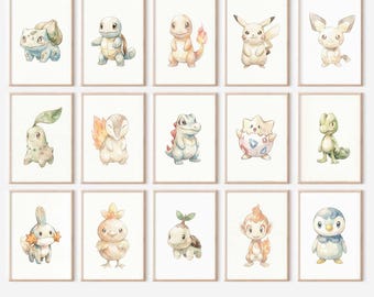 15 Baby Nursery Pokémon Wall Art Set • Watercolor Starter Printable • Kids Room Decor • Boys & Girls Nursery Prints • Digital Download