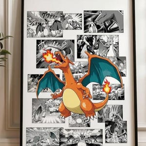 May include: Framed artwork featuring a vibrant orange Charizard with teal wings, exhaling flames. The artwork is set against a backdrop of black and white manga panels, creating a dynamic and action-packed composition. The artwork is framed in a black frame.