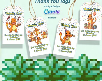 Printable Pokemon Charmander Favor Tags - Cute Thank you Tags - Pokemon Gift Tag- Size 2x3.5 Inches - Canva Template - Instant Download -