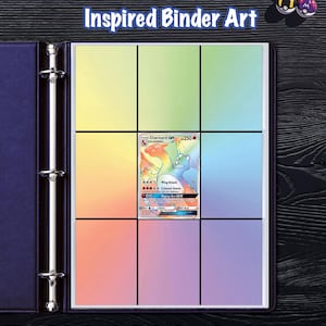 Könnte beinhalten: Ein dunkelvioletter Ringbuchordner mit einer Seite mit neun Fächern und einem regenbogenfarbenen Hintergrund. Eine einzelne Charizard GX-Sammelkarte befindet sich in der mittleren Tasche. Der Text Rainbow Rare Inspired Binder Art steht oben.