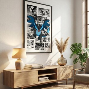 May include: A framed wall art print featuring a black and white manga-style collage of various scenes, with a large, central, full-color illustration of a black and blue dragon-like creature with blue flames emitting from its mouth and tail.
